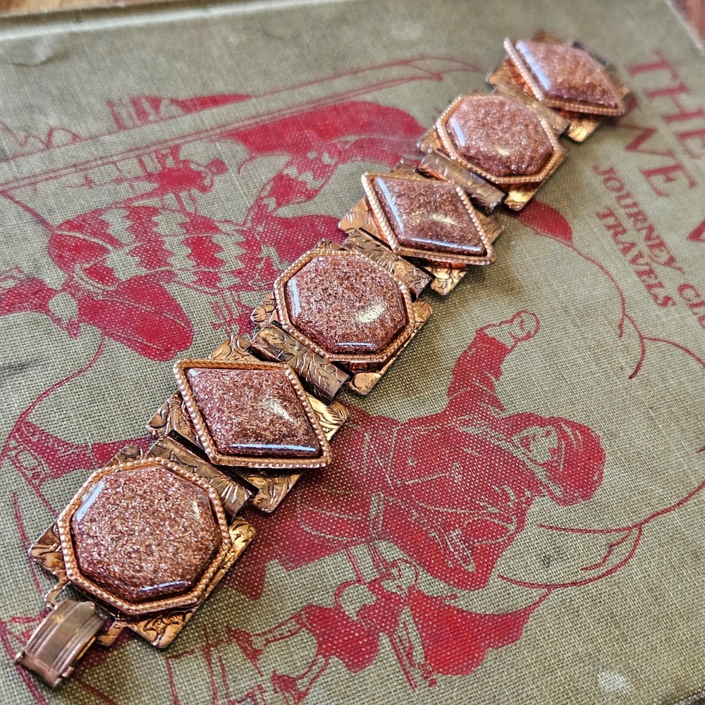 Vintage 50s 60s Copper Panel Link Bracelet Goldstone Faux Resin Engraved Floral